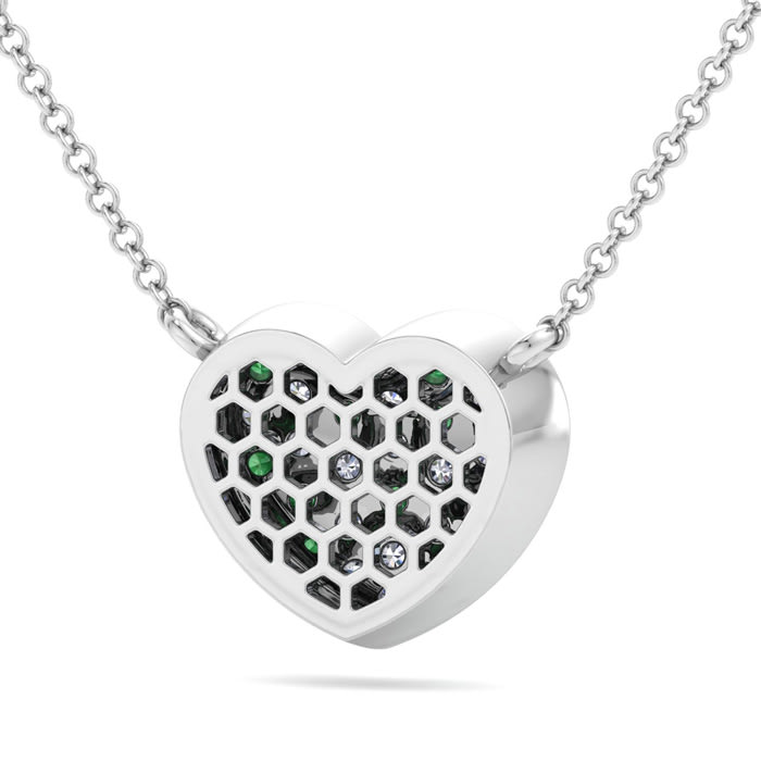 2 Carat Emerald and Lab Grown Diamond Heart Necklace In 14 Karat White Gold, 1 1/2 Inches