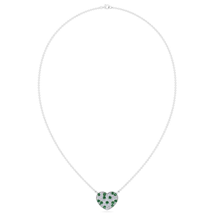 2 Carat Emerald and Lab Grown Diamond Heart Necklace In 14 Karat White Gold, 1 1/2 Inches