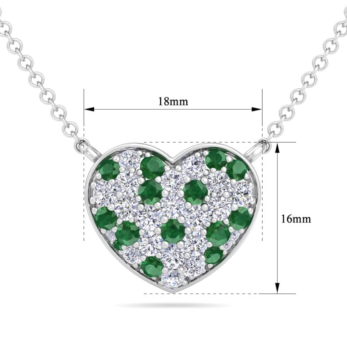 2 Carat Emerald and Lab Grown Diamond Heart Necklace In 14 Karat White Gold, 1 1/2 Inches
