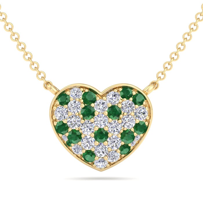 2 Carat Emerald and Lab Grown Diamond Heart Necklace In 14 Karat Yellow Gold, 1 1/2 Inches