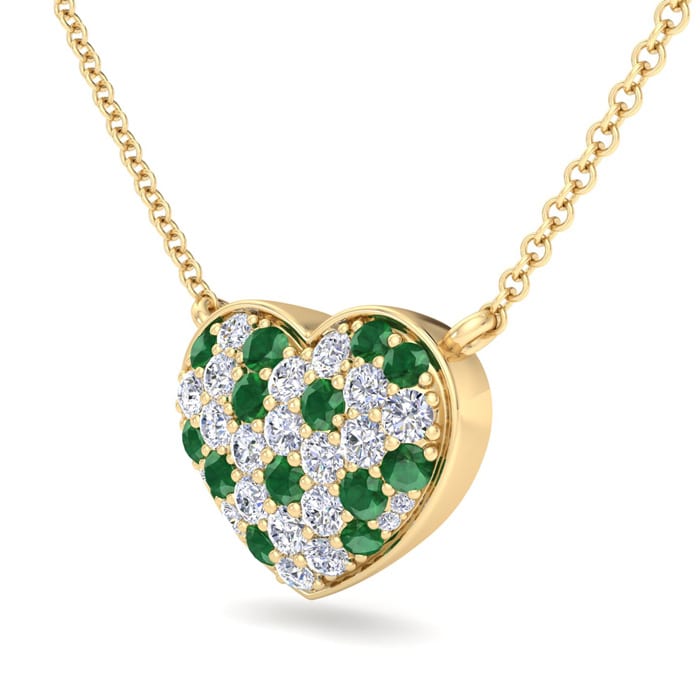 2 Carat Emerald and Lab Grown Diamond Heart Necklace In 14 Karat Yellow Gold, 1 1/2 Inches