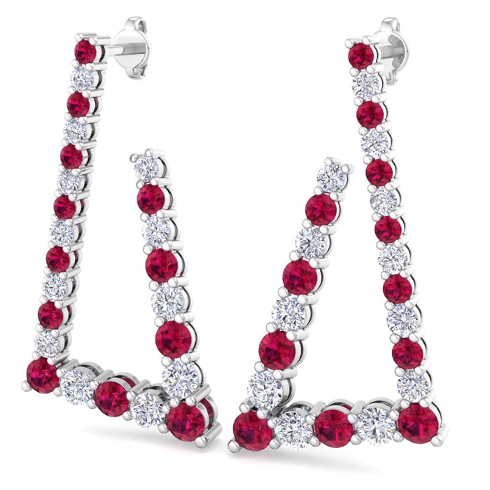 4 3/4 Carat Ruby and Lab Grown Diamond Line Modern Earrings In 14 Karat White Gold, 1 1/2 Inches