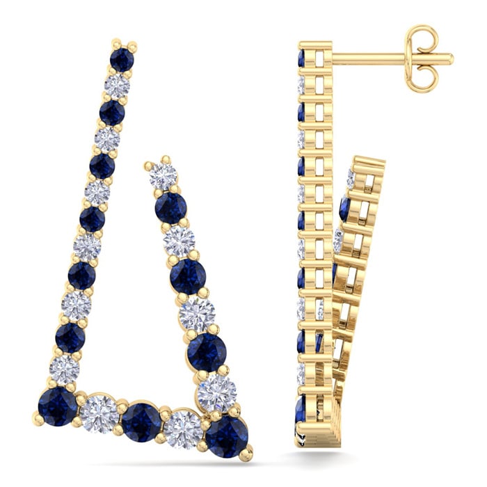 4 3/4 Carat Sapphire and Lab Grown Diamond Line Modern Earrings In 14 Karat Yellow Gold, 1 1/2 Inches