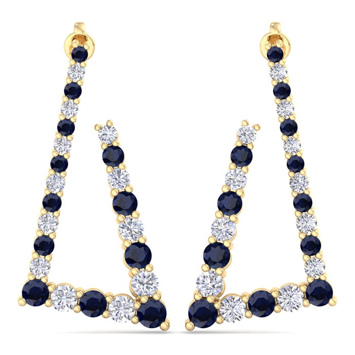 4 3/4 Carat Sapphire and Lab Grown Diamond Line Modern Earrings In 14 Karat Yellow Gold, 1 1/2 Inches