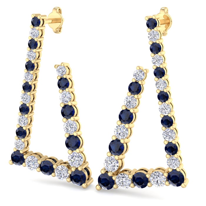 4 3/4 Carat Sapphire and Lab Grown Diamond Line Modern Earrings In 14 Karat Yellow Gold, 1 1/2 Inches