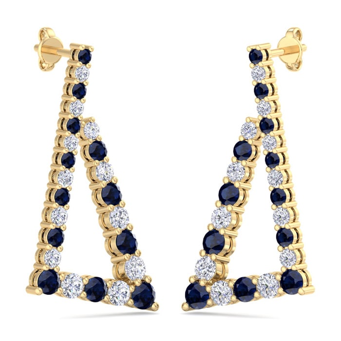 4 3/4 Carat Sapphire and Lab Grown Diamond Line Modern Earrings In 14 Karat Yellow Gold, 1 1/2 Inches