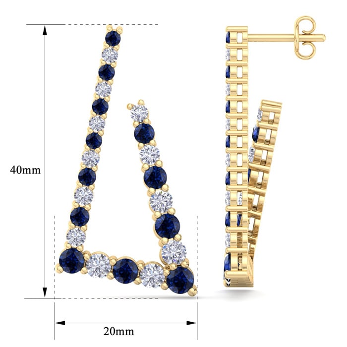 4 3/4 Carat Sapphire and Lab Grown Diamond Line Modern Earrings In 14 Karat Yellow Gold, 1 1/2 Inches
