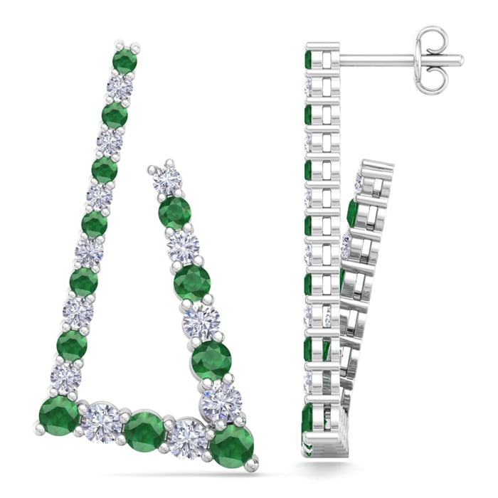 4 3/4 Carat Emerald and Lab Grown Diamond Line Modern Earrings In 14 Karat White Gold, 1 1/2 Inches