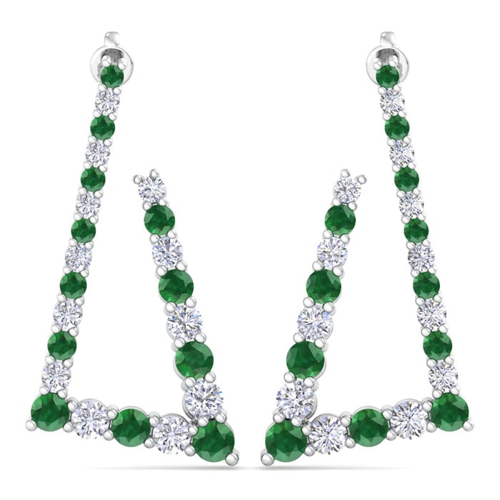 4 3/4 Carat Emerald and Lab Grown Diamond Line Modern Earrings In 14 Karat White Gold, 1 1/2 Inches