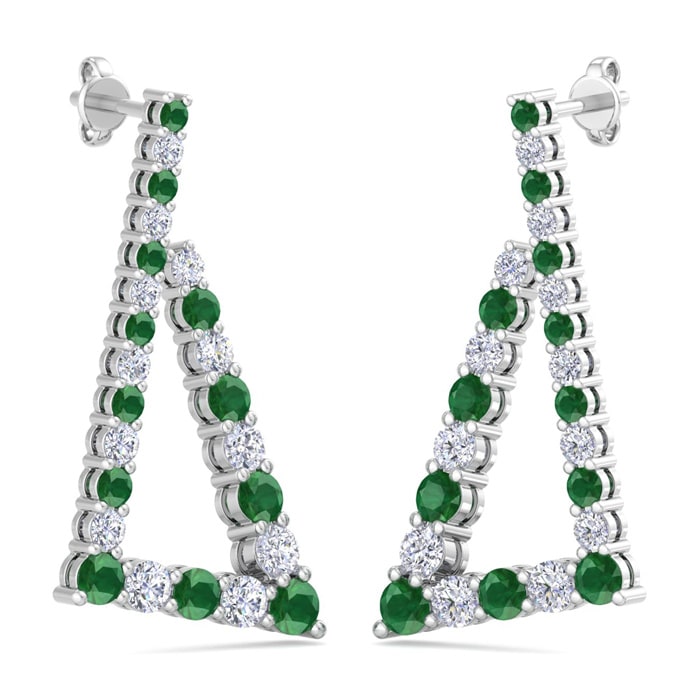 4 3/4 Carat Emerald and Lab Grown Diamond Line Modern Earrings In 14 Karat White Gold, 1 1/2 Inches