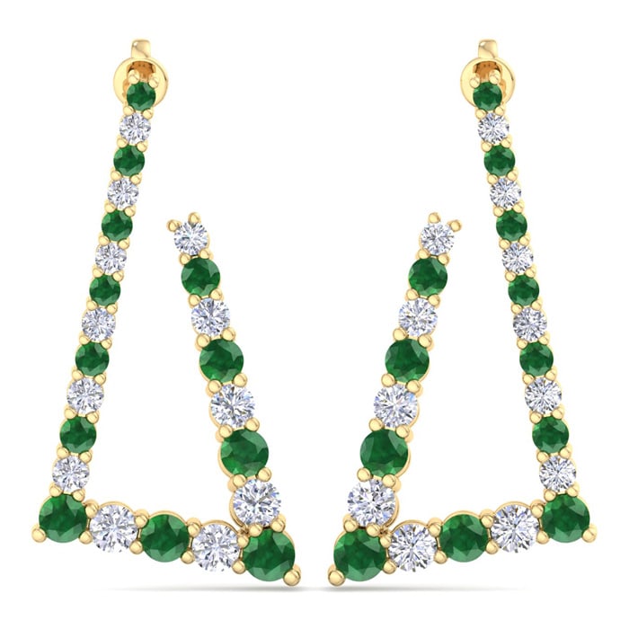 4 3/4 Carat Emerald and Lab Grown Diamond Line Modern Earrings In 14 Karat Yellow Gold, 1 1/2 Inches