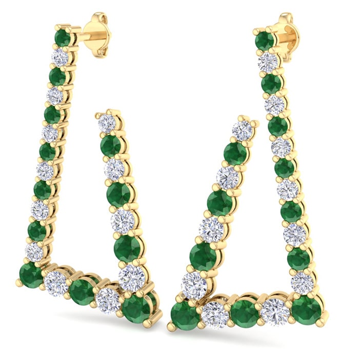 4 3/4 Carat Emerald and Lab Grown Diamond Line Modern Earrings In 14 Karat Yellow Gold, 1 1/2 Inches
