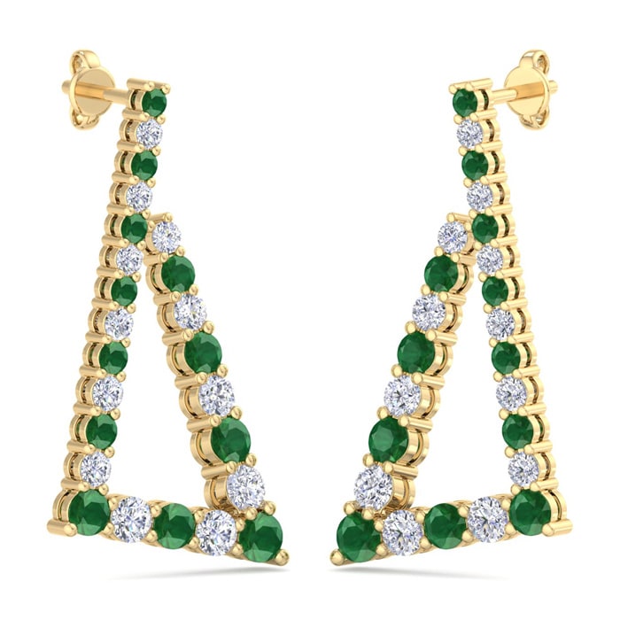 4 3/4 Carat Emerald and Lab Grown Diamond Line Modern Earrings In 14 Karat Yellow Gold, 1 1/2 Inches