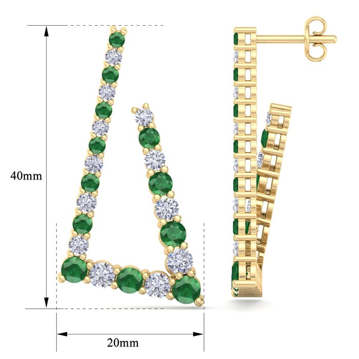 4 3/4 Carat Emerald and Lab Grown Diamond Line Modern Earrings In 14 Karat Yellow Gold, 1 1/2 Inches