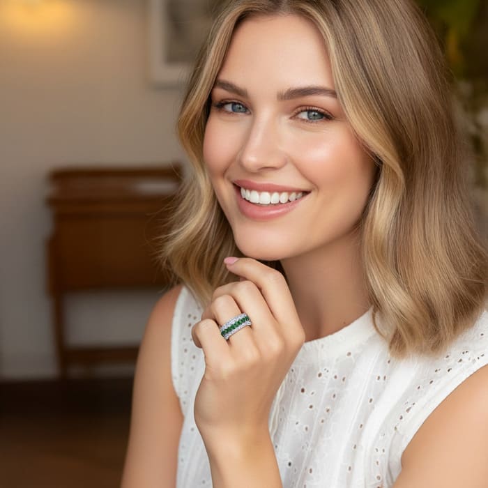 4 Carat Emerald and Lab Grown Diamond Band Ring In 14K White Gold