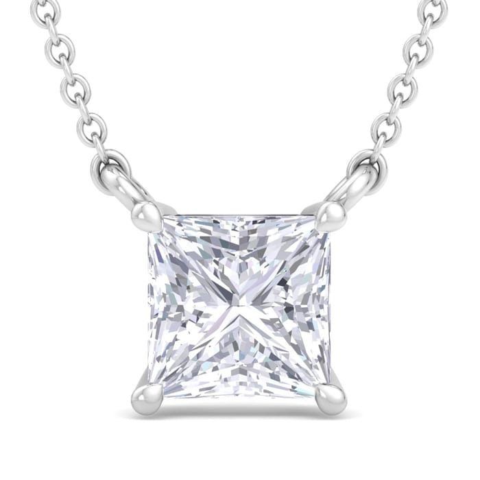 1 Carat Princess Cut Lab Grown Diamond Solitaire Necklace In Sterling Silver