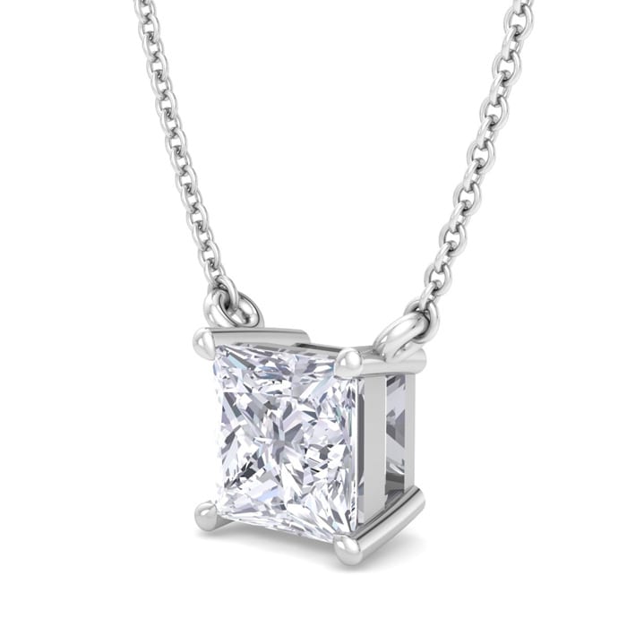 1 Carat Princess Cut Lab Grown Diamond Solitaire Necklace In Sterling Silver