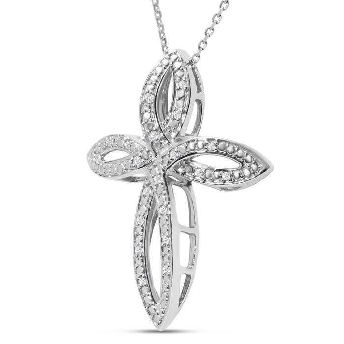 1/10 Carat Large Womens Diamond Cross Necklace In Sterling Silver, 18 Inches