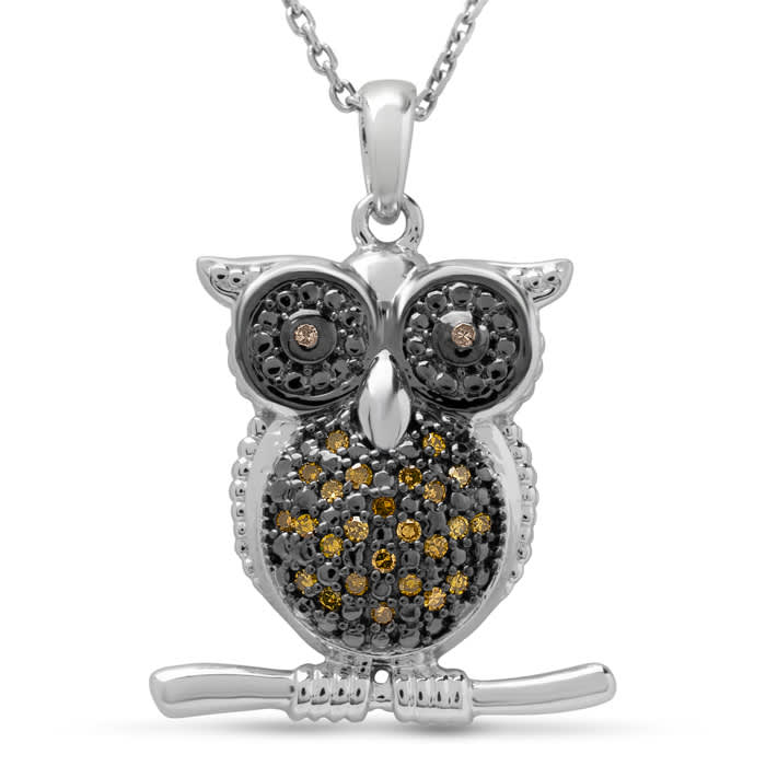 1/10 Carat Yellow Diamond Owl Necklace In Sterling Silver, 18 Inches