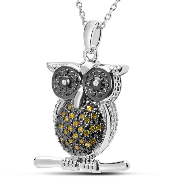 1/10 Carat Yellow Diamond Owl Necklace In Sterling Silver, 18 Inches