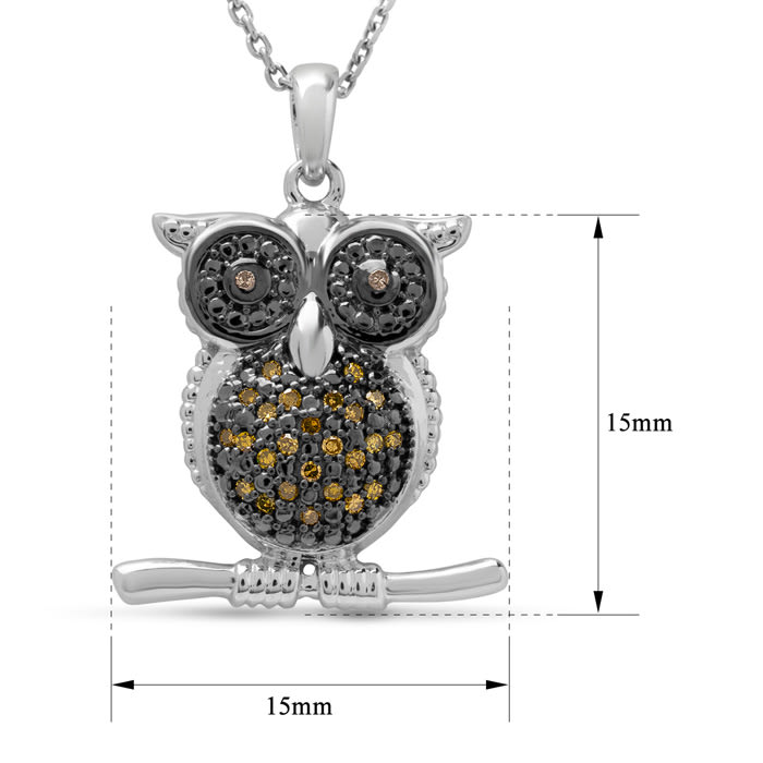 1/10 Carat Yellow Diamond Owl Necklace In Sterling Silver, 18 Inches