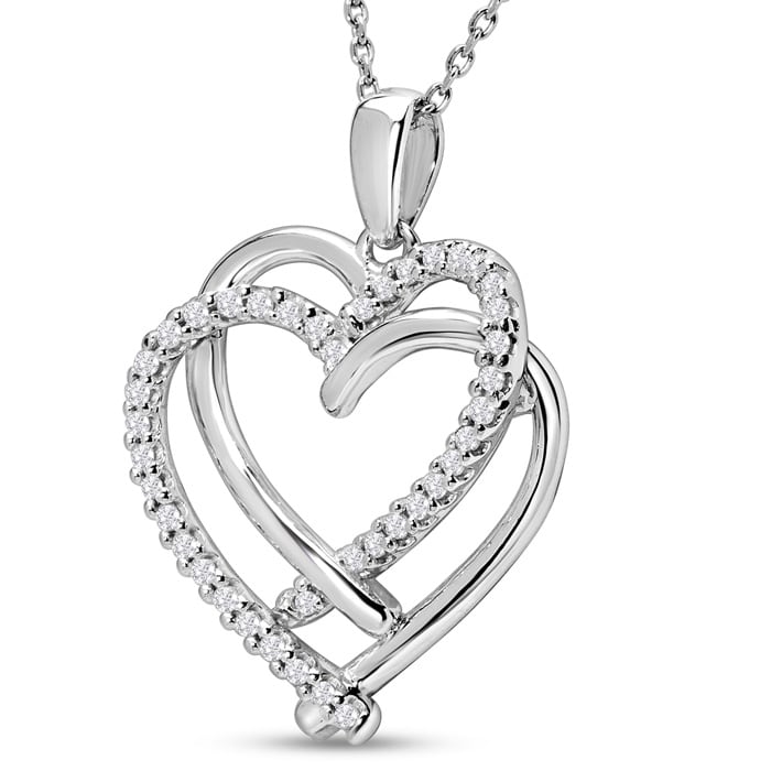 1/4 Carat Double Heart Diamond Necklace In Sterling Silver, 18 Inches
