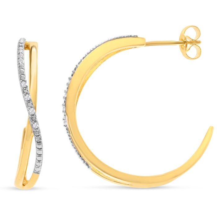 0.07 Carat Large Diamond Hoop Earrings In 14K Yellow Gold Over Sterling Silver, 1 Inch