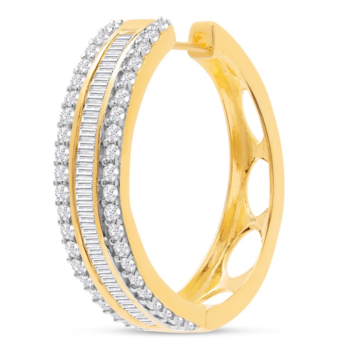 2 Carat Three Row Round and Baguette Diamond Hoop Earrings In 14K Yellow Gold Over Sterling Silver, 1 Inch