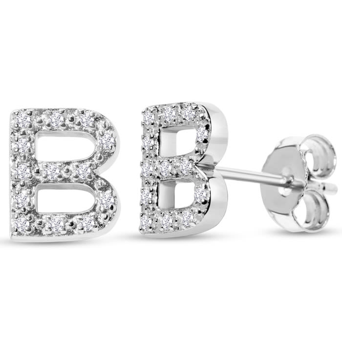 Sterling Silver Letter B Initial Earrings With Diamonds – Personalized Initial Jewelry