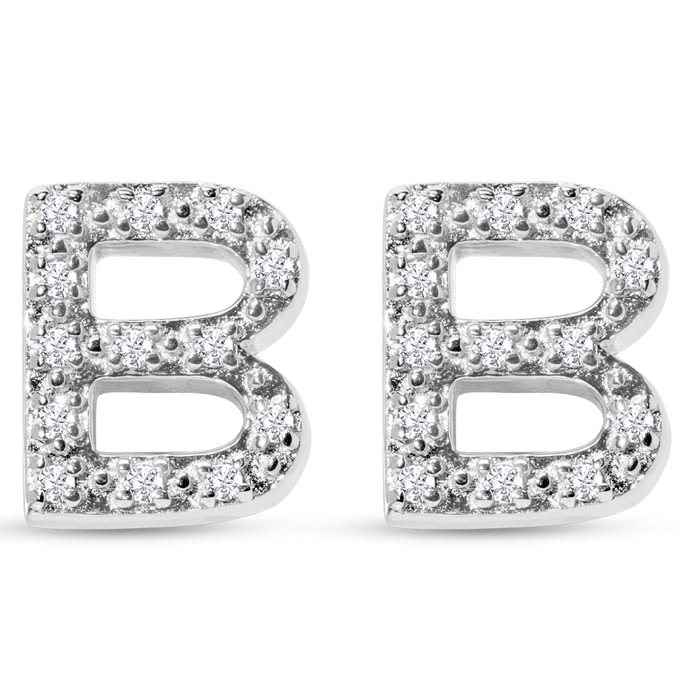 Sterling Silver Letter B Initial Earrings With Diamonds – Personalized Initial Jewelry