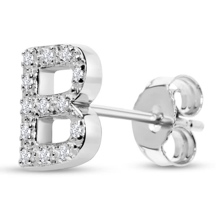 Sterling Silver Letter B Initial Earrings With Diamonds – Personalized Initial Jewelry