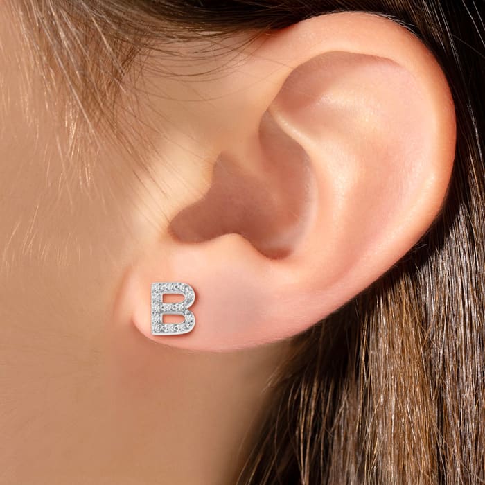 Sterling Silver Letter B Initial Earrings With Diamonds – Personalized Initial Jewelry