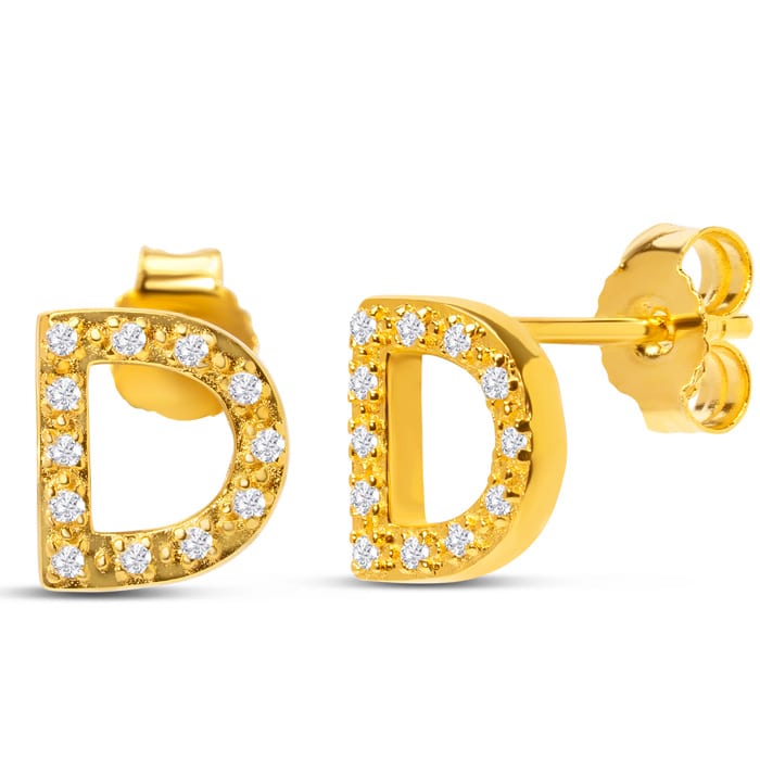 14K Yellow Gold Over Sterling Silver Letter D Initial Earrings With Diamonds – Personalized Initial Jewelry