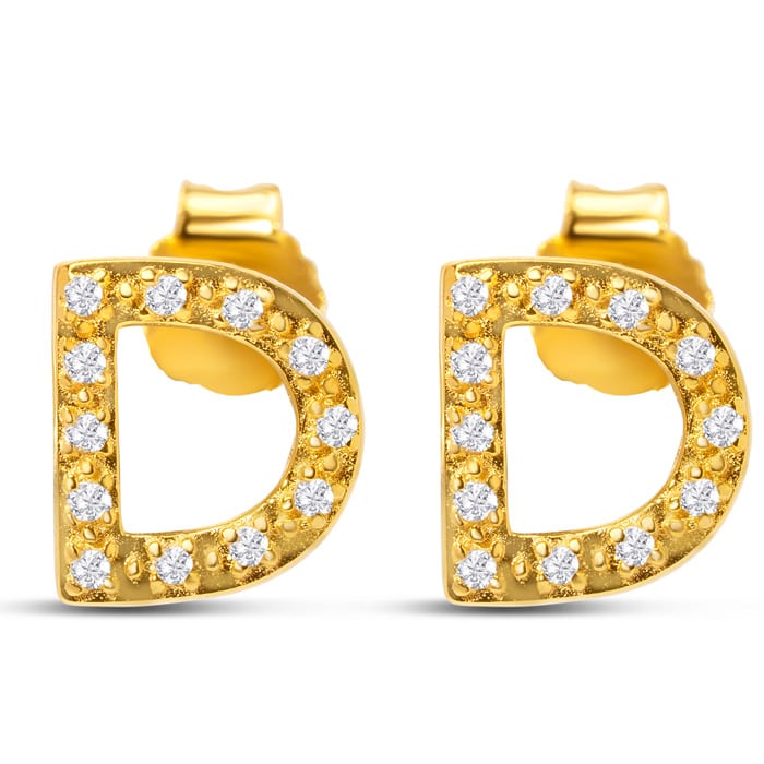 14K Yellow Gold Over Sterling Silver Letter D Initial Earrings With Diamonds – Personalized Initial Jewelry