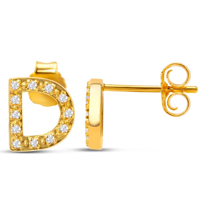 14K Yellow Gold Over Sterling Silver Letter D Initial Earrings With Diamonds – Personalized Initial Jewelry