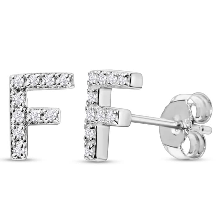 Sterling Silver Letter F Initial Earrings With Diamonds – Personalized Initial Jewelry