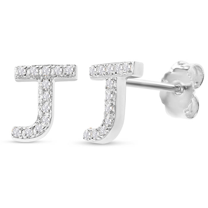 Sterling Silver Letter J Initial Earrings With Diamonds – Personalized Initial Jewelry