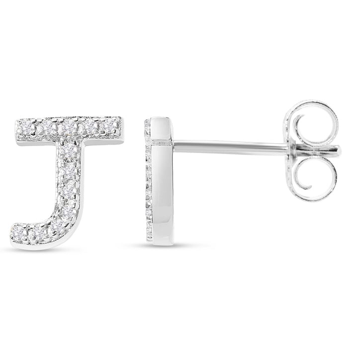 Sterling Silver Letter J Initial Earrings With Diamonds – Personalized Initial Jewelry