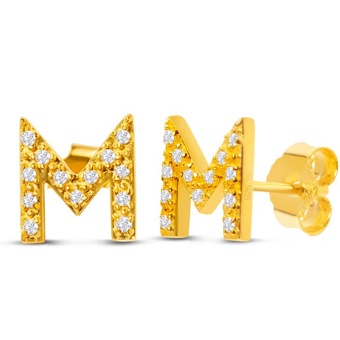14K Yellow Gold Over Sterling Silver Letter M Initial Earrings With Diamonds – Personalized Initial Jewelry