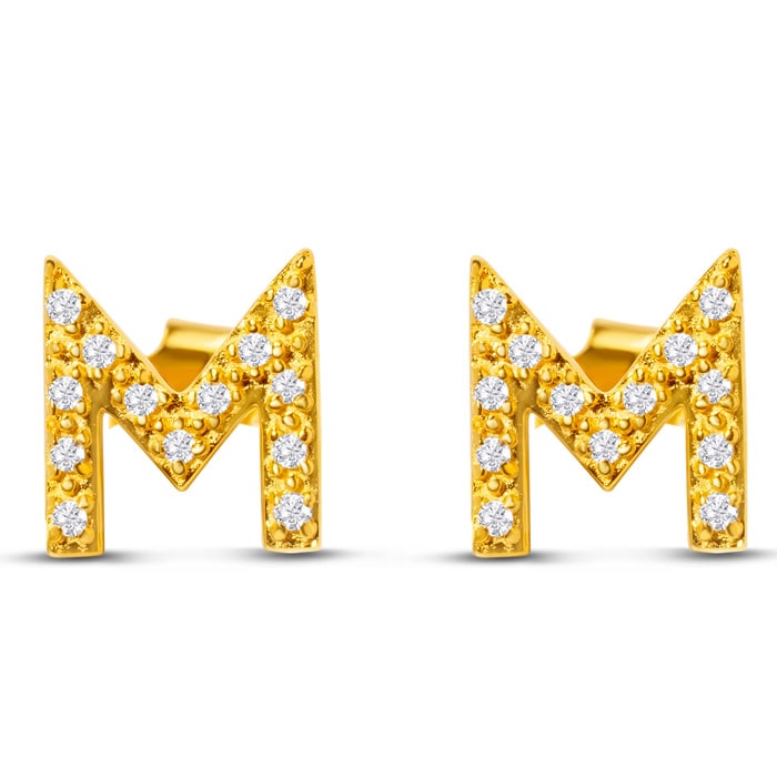 14K Yellow Gold Over Sterling Silver Letter M Initial Earrings With Diamonds – Personalized Initial Jewelry