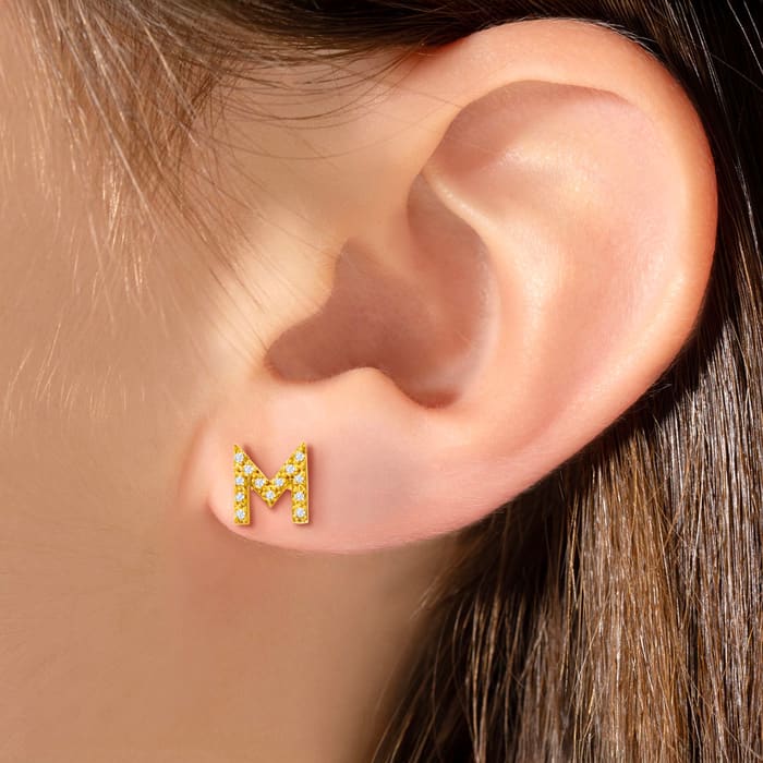 14K Yellow Gold Over Sterling Silver Letter M Initial Earrings With Diamonds – Personalized Initial Jewelry