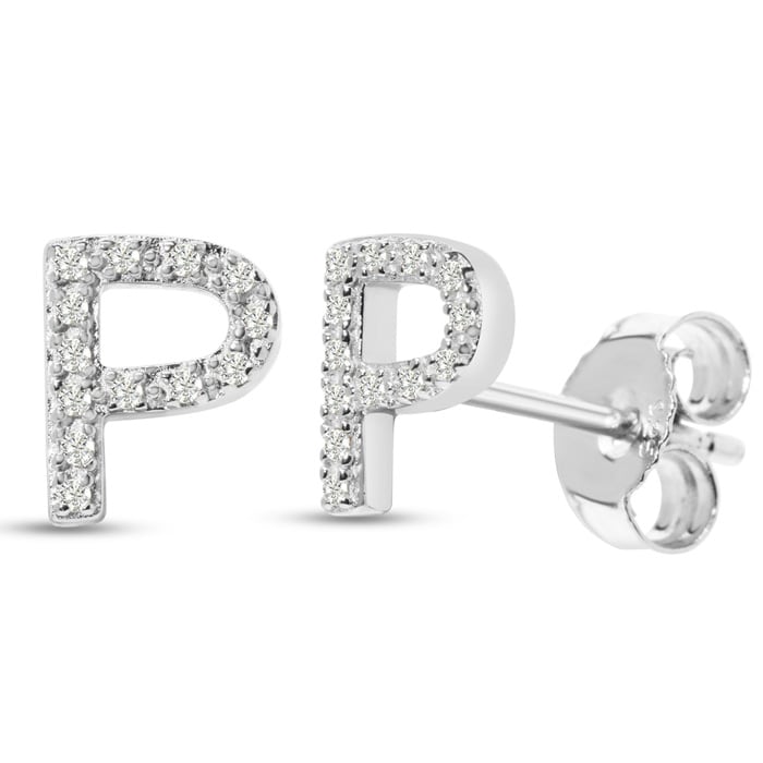 Sterling Silver Letter P Initial Earrings With Diamonds – Personalized Initial Jewelry