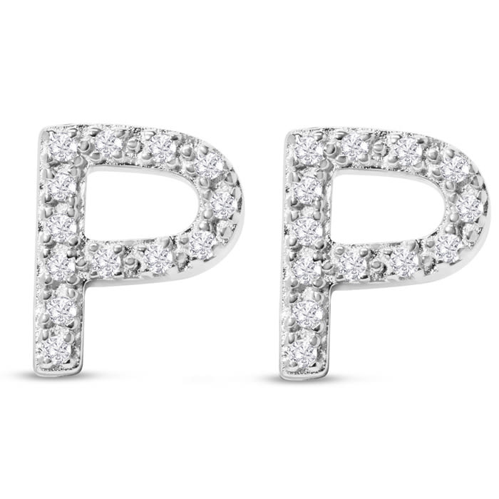 Sterling Silver Letter P Initial Earrings With Diamonds – Personalized Initial Jewelry