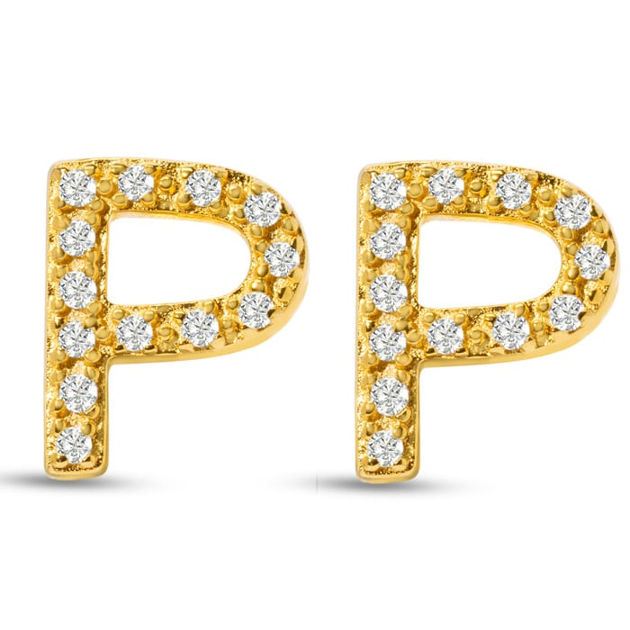 14K Yellow Gold Over Sterling Silver Letter P Initial Earrings With Diamonds – Personalized Initial Jewelry