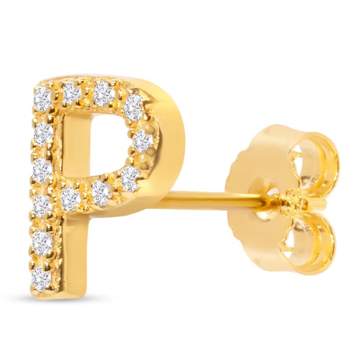 14K Yellow Gold Over Sterling Silver Letter P Initial Earrings With Diamonds – Personalized Initial Jewelry