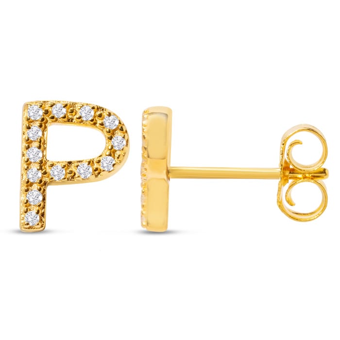 14K Yellow Gold Over Sterling Silver Letter P Initial Earrings With Diamonds – Personalized Initial Jewelry