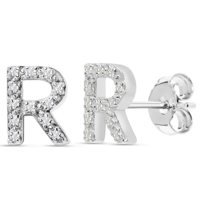Sterling Silver Letter R Initial Earrings With Diamonds – Personalized Initial Jewelry