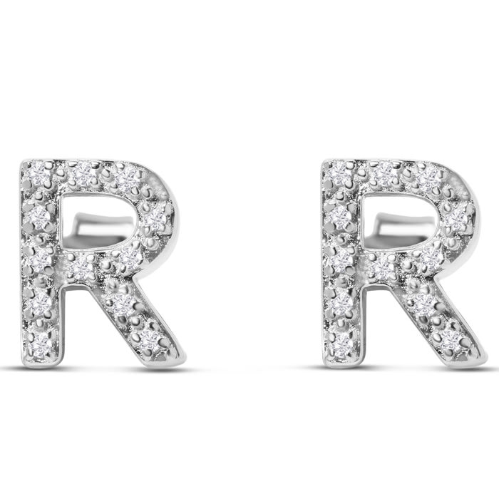 Sterling Silver Letter R Initial Earrings With Diamonds – Personalized Initial Jewelry