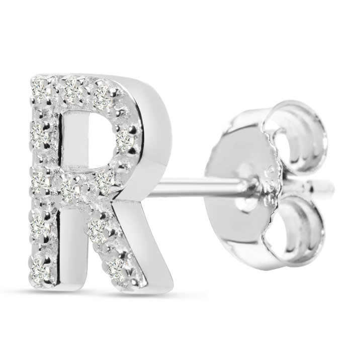 Sterling Silver Letter R Initial Earrings With Diamonds – Personalized Initial Jewelry