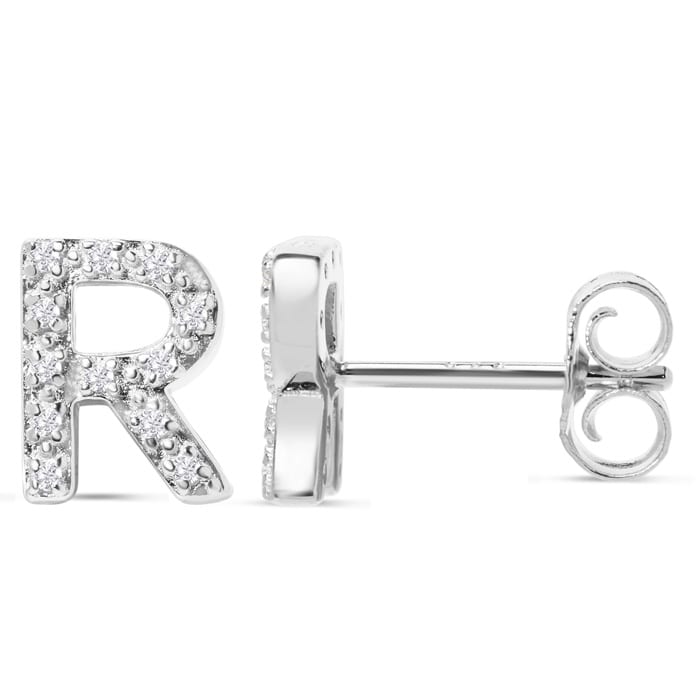 Sterling Silver Letter R Initial Earrings With Diamonds – Personalized Initial Jewelry